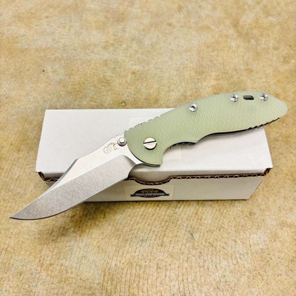 Rick Hinderer XM-18 3.5" S45VN Bowie NON FLIPPER, Tri-Way, Stonewash, Translucent Green G10 Knife - RH XM-18 3.5" Bowie NF SW Translucent