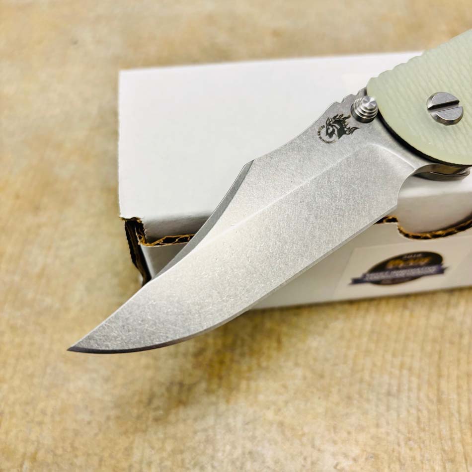 Rick Hinderer XM-18 3.5" S45VN Bowie NON FLIPPER, Tri-Way, Stonewash, Translucent Green G10 Knife - RH XM-18 3.5" Bowie NF SW Translucent