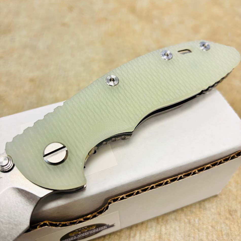 Rick Hinderer XM-18 3.5" S45VN Bowie NON FLIPPER, Tri-Way, Stonewash, Translucent Green G10 Knife - RH XM-18 3.5" Bowie NF SW Translucent