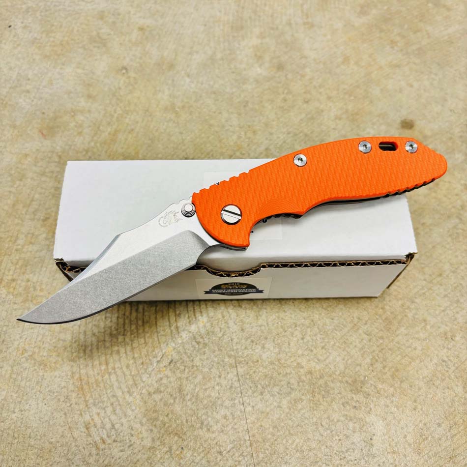 Rick Hinderer XM-18 3.5" S45VN Bowie NON FLIPPER, Tri-Way, Stonewash Bronze, Orange G10 Knife Rick Hinderer XM-18 3.5" S45VN Bowie NON FLIPPER, Tri-Way, Stonewash Bronze, Orange G10 Knife