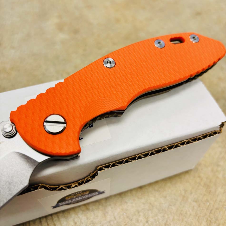 Rick Hinderer XM-18 3.5" S45VN Bowie NON FLIPPER, Tri-Way, Stonewash Bronze, Orange G10 Knife - RH XM-18 3.5" Bowie NF SWBZ Orange