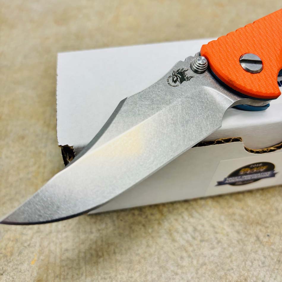 Rick Hinderer XM-18 3.5" S45VN Bowie NON FLIPPER, Tri-Way, Stonewash Blue, Orange G10 Knife - RH XM-18 3.5"" Bowie NF SW Orange