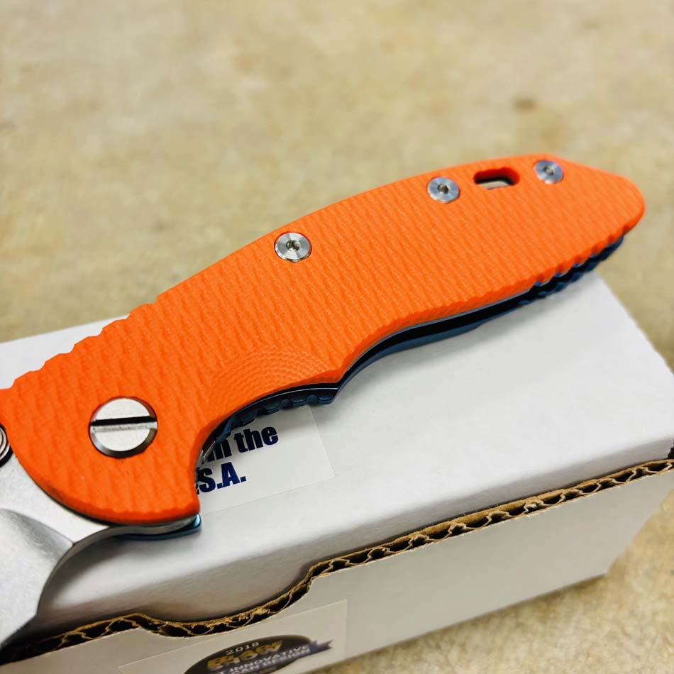 Rick Hinderer XM-18 3.5" S45VN Bowie NON FLIPPER, Tri-Way, Stonewash Blue, Orange G10 Knife - RH XM-18 3.5"" Bowie NF SW Orange