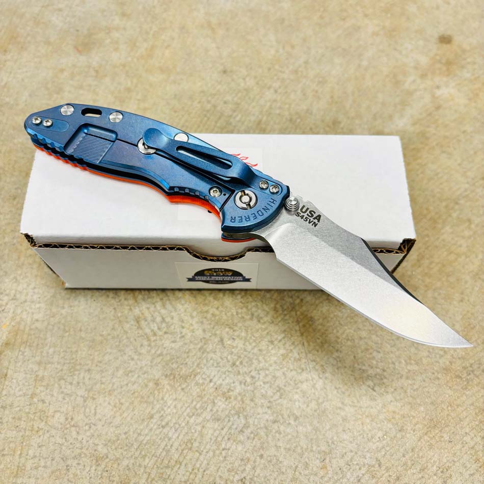 Rick Hinderer XM-18 3.5" S45VN Bowie NON FLIPPER, Tri-Way, Stonewash Blue, Orange G10 Knife - RH XM-18 3.5"" Bowie NF SW Orange