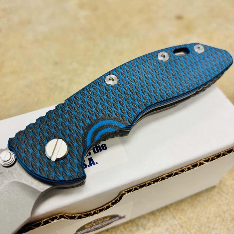 Rick Hinderer XM-18 3.5" S45VN Bowie NON FLIPPER, Tri-Way, Working Finish, Blue Black G10 Knife - RH XM-18 3.5" Bowie NF WF BBlk