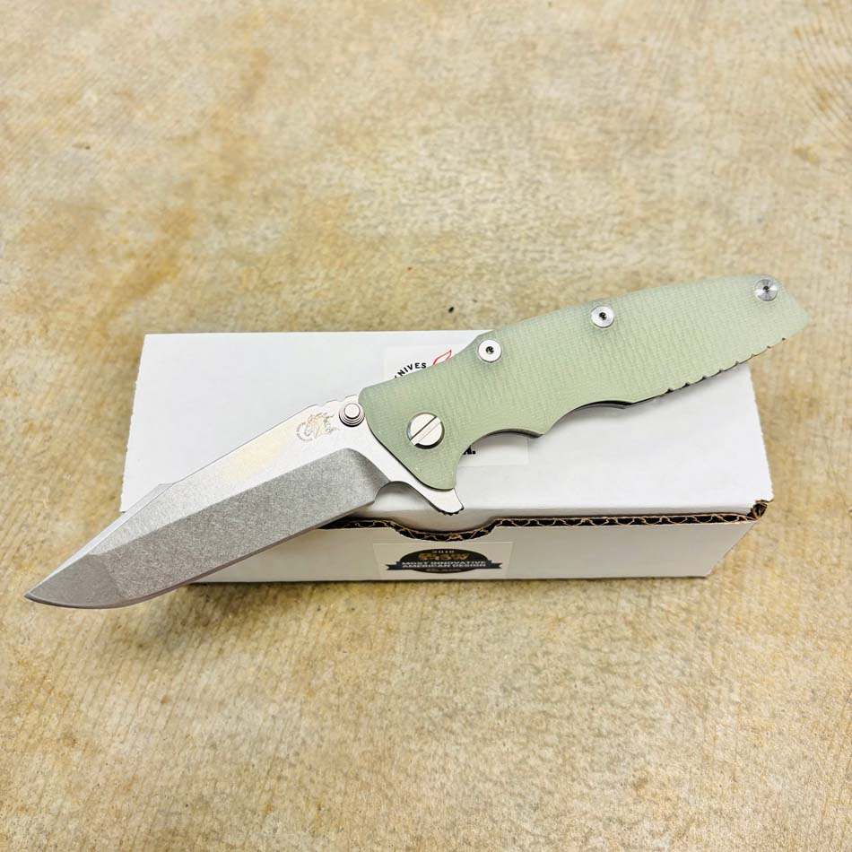 Rick Hinderer Eklipse 3.5" Harpoon Spanto Tri-Way Stonewash, Translucent Green G10 Flipper Knife Rick Hinderer Eklipse 3.5" Harpoon Spanto Tri-Way Stonewash, Translucent Green G10 Flipper Knife