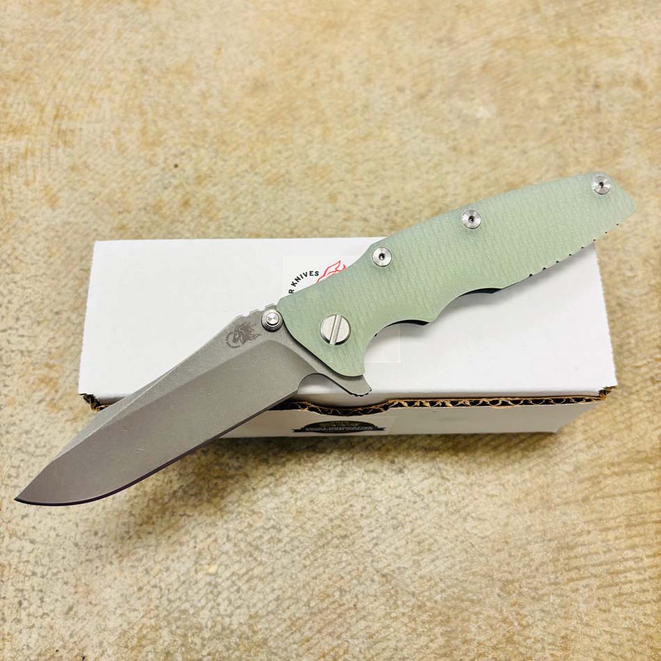 Rick Hinderer Eklipse 3.5" S45VN Spearpoint Tri-Way Battle Blue, Translucent Green G10 Knife - RH Eklipse 3.5" Spearpt BBL Green