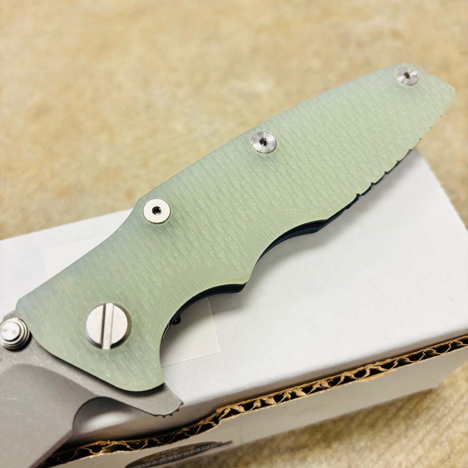 Rick Hinderer Eklipse 3.5" S45VN Spearpoint Tri-Way Battle Blue, Translucent Green G10 Knife - RH Eklipse 3.5" Spearpt BBL Green