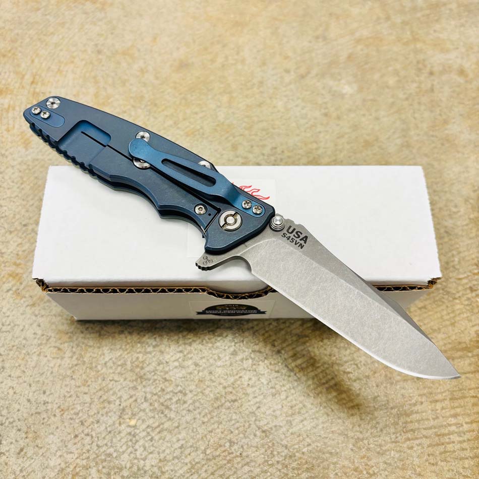 Rick Hinderer Eklipse 3.5" S45VN Spearpoint Tri-Way Battle Blue, Translucent Green G10 Knife - RH Eklipse 3.5" Spearpt BBL Green