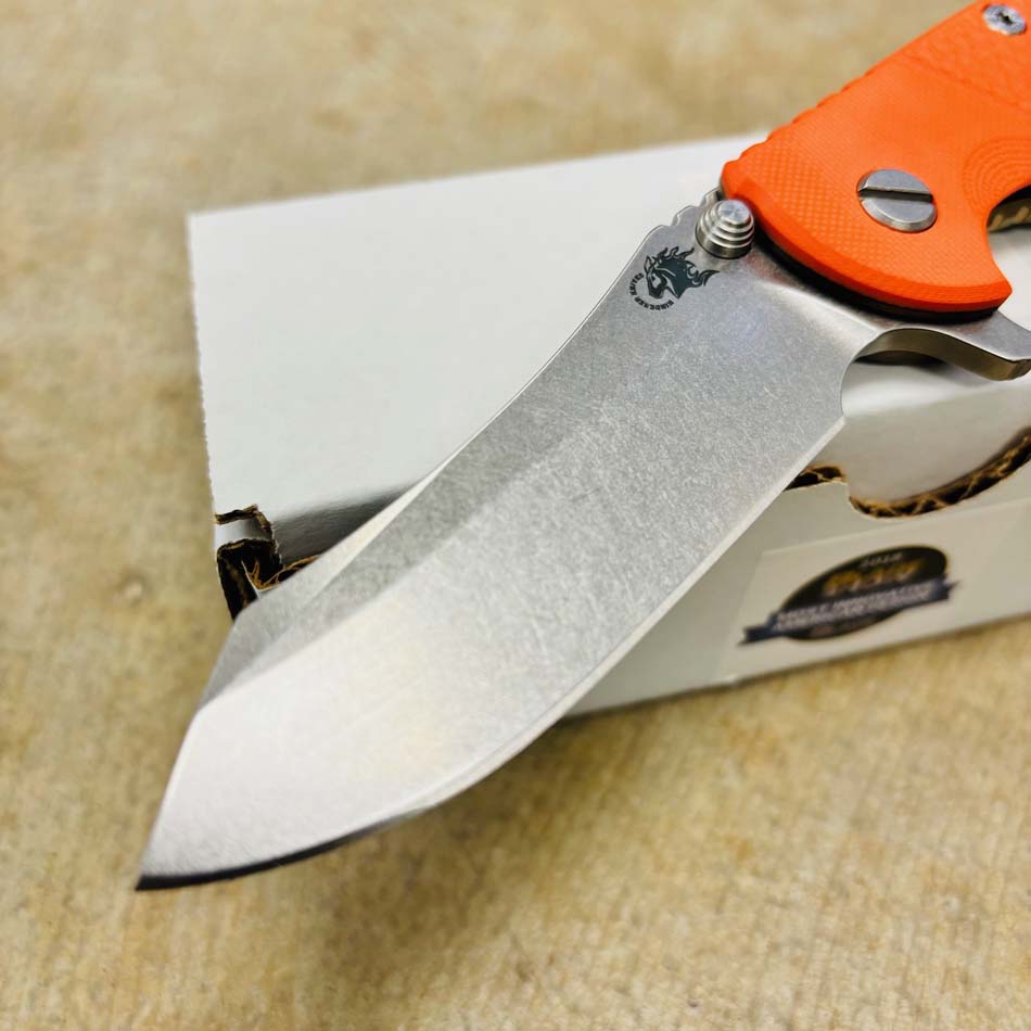 Rick Hinderer XM-18 3.5" S45VN Skinner Tri-Way Stonewash Bronze Faux Bolster Orange G10 Knife - RH XM-18 3.5" SKR SWB Orange