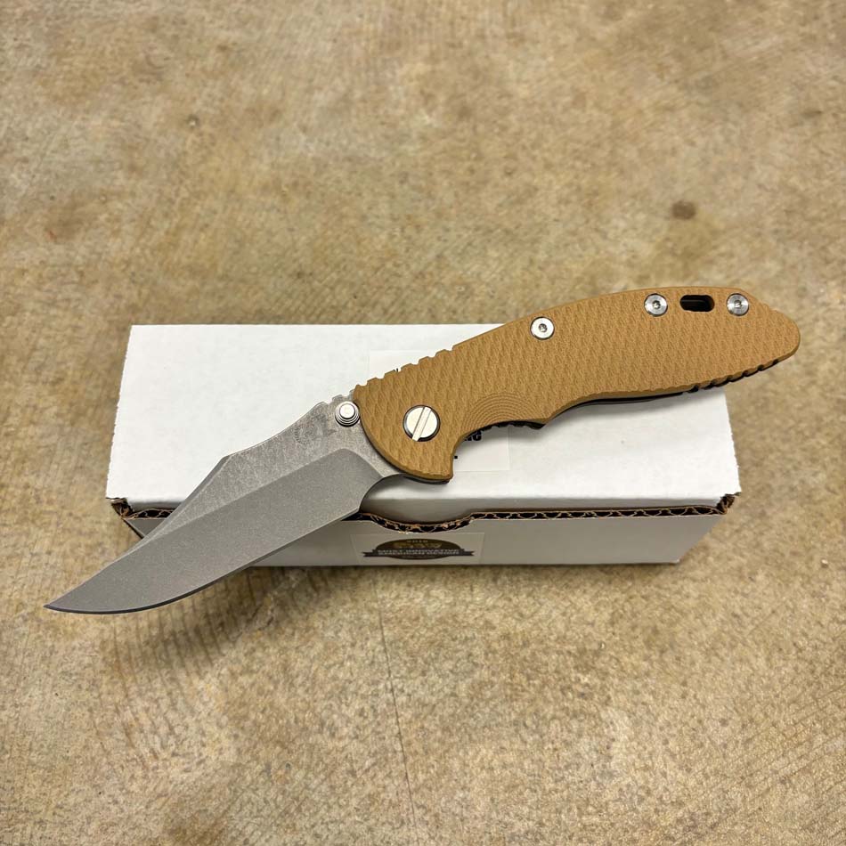 Rick Hinderer XM-18 3.5" S45VN Bowie NON FLIPPER, Tri-Way, Battle Bronze, Coyote G10 Knife Rick Hinderer XM-18 3.5" S45VN Bowie NON FLIPPER, Tri-Way, Battle Bronze, Coyote G10 Knife