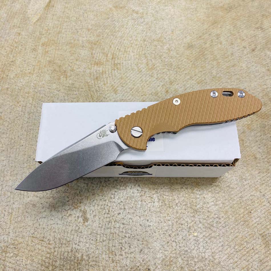 Rick Hinderer XM-18 3.5" Slicer, S45VN, Non-Flipper Tri-Way, Stonewash, Coyote G10 Knife