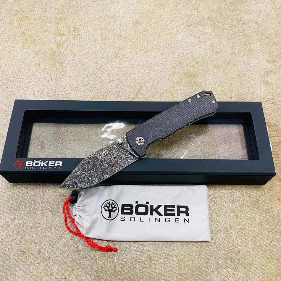 Boker 111103DAM Tiger Damascus 3.35" Collector's Piece Black Burlap Micarta Folding Knife